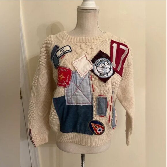 Free People Riley 1880 VINTAGE PATCHED UP SWEATER Patchwork Wool size L - Picture 3 of 13